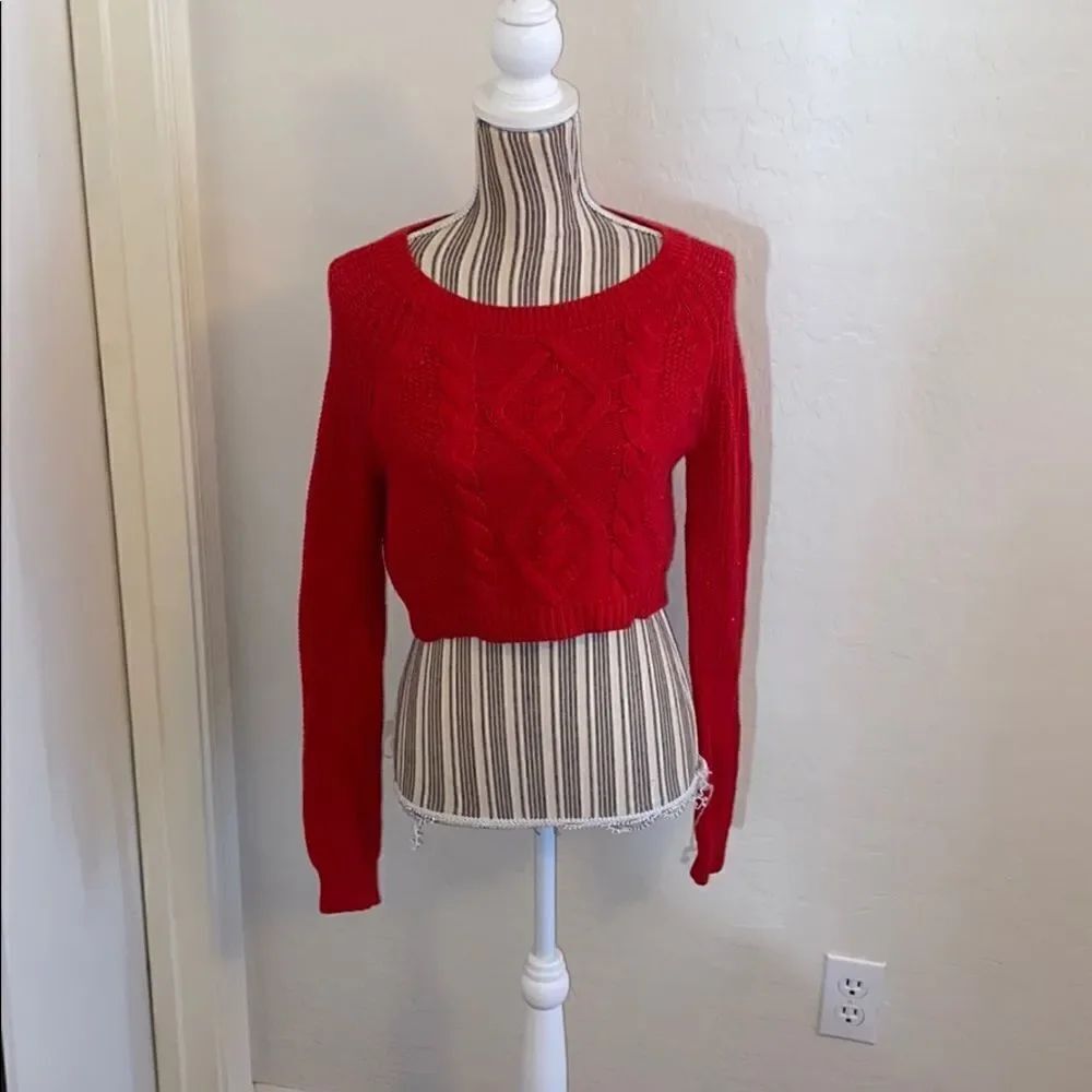 Express Red Knit Cropped Pullover Sweater Feminine Casual Cozy Vibrant